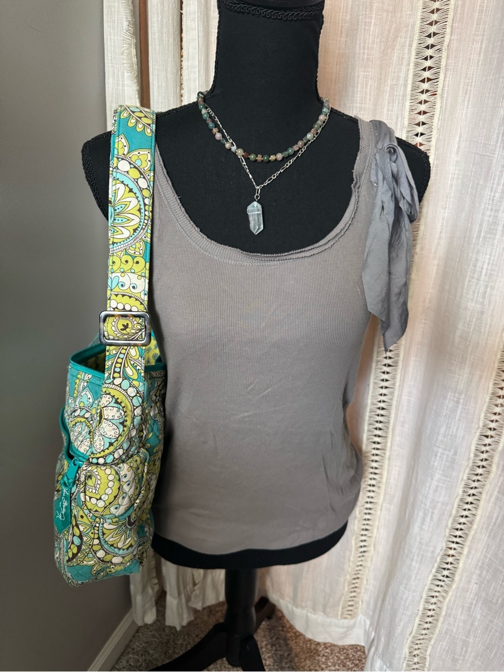 LOFT Cotton Olive Green Tank Top with Shoulder Tie